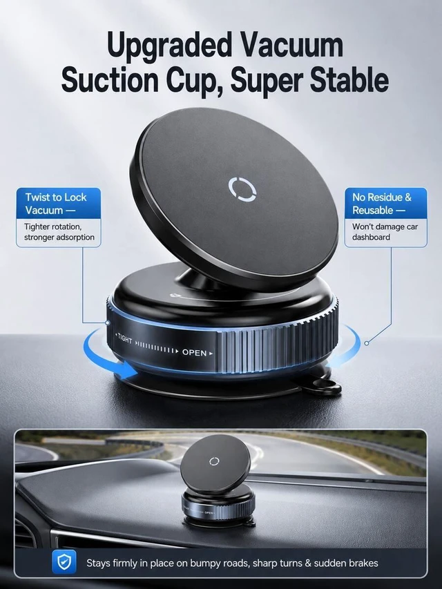 Alt view image 4 of 7 - Bks Vacuum Suction Cup Magnetic Car Phone Holder 360° Rotating Strong MagSafe Compatible Twist Lock Stable Anti-Shake Reusable For 4.7-7.2 Inch Smartphones Daily Driving Navigation Dashboard/Windshiel
