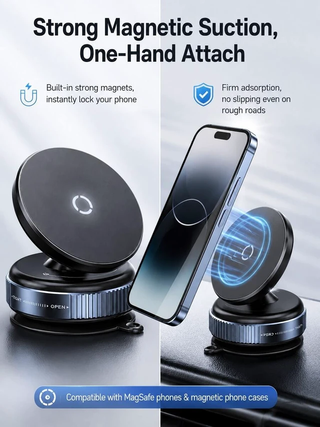 Alt view image 5 of 7 - Bks Vacuum Suction Cup Magnetic Car Phone Holder 360° Rotating Strong MagSafe Compatible Twist Lock Stable Anti-Shake Reusable For 4.7-7.2 Inch Smartphones Daily Driving Navigation Dashboard/Windshiel