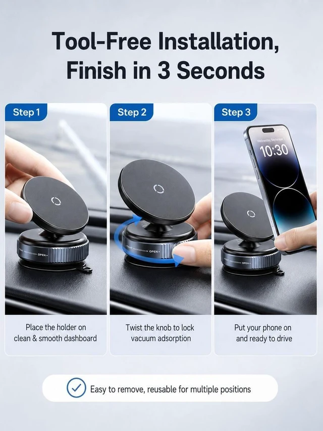 Alt view image 7 of 7 - Bks Vacuum Suction Cup Magnetic Car Phone Holder 360° Rotating Strong MagSafe Compatible Twist Lock Stable Anti-Shake Reusable For 4.7-7.2 Inch Smartphones Daily Driving Navigation Dashboard/Windshiel