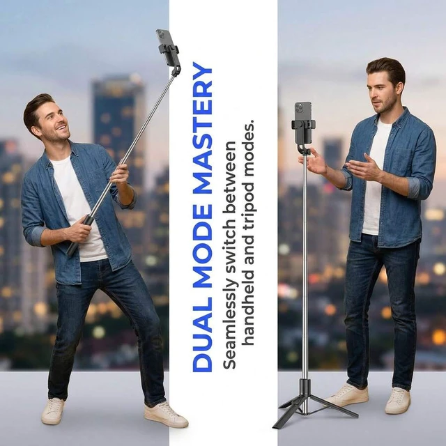 Alt view image 3 of 7 - Bks Selfie Stick Tripod, Extendable 1.1m Portable All-In-One Phone Stand With Wireless Remote, 360° Rotatable Anti-Shake Design For Travel, Video Recording, Live Streaming, Vlog, Group Selfies, Compat