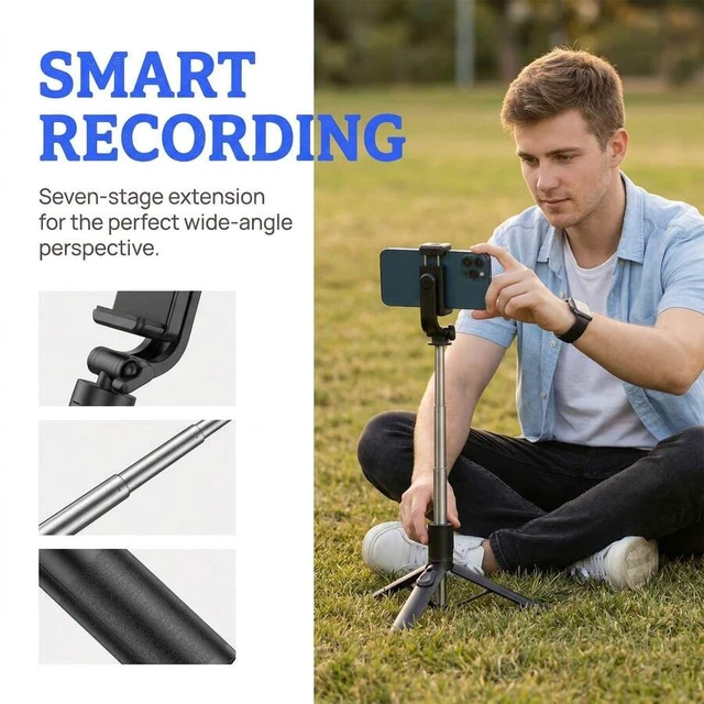 Alt view image 5 of 7 - Bks Selfie Stick Tripod, Extendable 1.1m Portable All-In-One Phone Stand With Wireless Remote, 360° Rotatable Anti-Shake Design For Travel, Video Recording, Live Streaming, Vlog, Group Selfies, Compat
