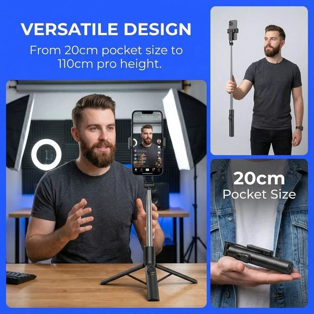 Alt view image 4 of 7 - Bks Selfie Stick Tripod, Extendable 1.1m Portable All-In-One Phone Stand With Wireless Remote, 360° Rotatable Anti-Shake Design For Travel, Video Recording, Live Streaming, Vlog, Group Selfies, Compat