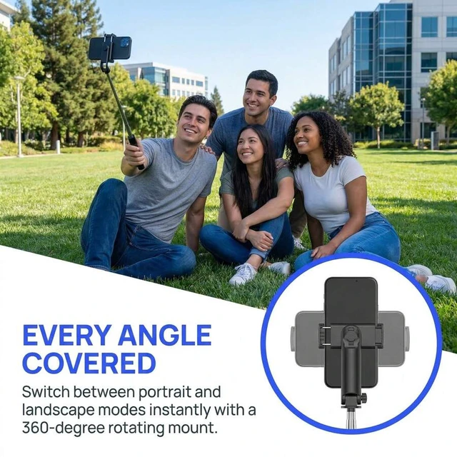 Alt view image 6 of 7 - Bks Selfie Stick Tripod, Extendable 1.1m Portable All-In-One Phone Stand With Wireless Remote, 360° Rotatable Anti-Shake Design For Travel, Video Recording, Live Streaming, Vlog, Group Selfies, Compat