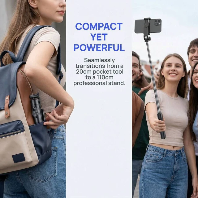Alt view image 7 of 7 - Bks Selfie Stick Tripod, Extendable 1.1m Portable All-In-One Phone Stand With Wireless Remote, 360° Rotatable Anti-Shake Design For Travel, Video Recording, Live Streaming, Vlog, Group Selfies, Compat