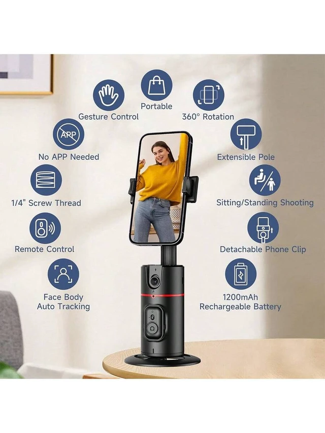 Alt view image 2 of 7 - Bks Automatic Face Tracking Phone Holder Tripod with Remote Control, 360 Rotation Smart Selfie Stick for Smartphone Live Streaming