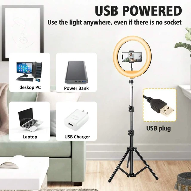 Alt view image 5 of 7 - Bks 10 Inch LED Selfie Ring Light Kit with Phone Clip and Adjustable Bracket - 3 Color Modes, 10 Brightness Levels, USB Powered for Makeup Video Photography