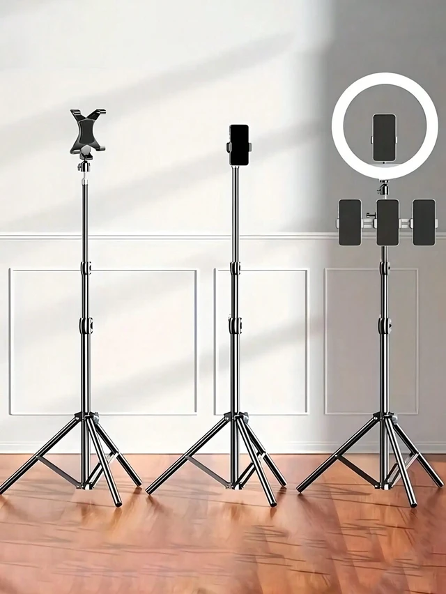 Alt view image 4 of 7 - Bks 160cm Floor-Standing Tripod Stand With Pan-Tilt Head And Phone Holder Compatible With IPhone Android Mobile Phones For Live Streaming Vlog Family Gatherings Christmas Party Outdoor Activities Inte