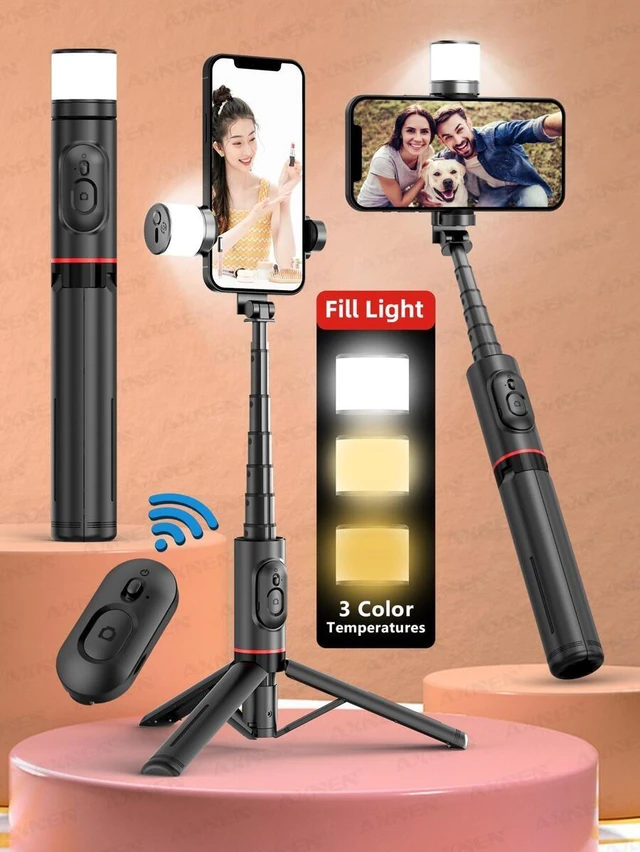 Alt view image 2 of 7 - Bks Portable Selfie Stick Tripod with Arc Fill Light and Wireless Remote for Smartphones IPhone