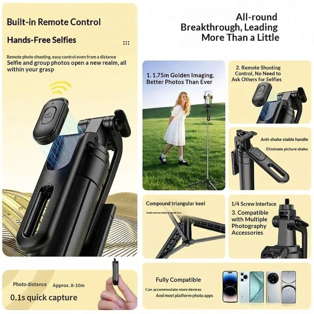 Alt view image 6 of 6 - Bks Selfie Stick Tripod Stand 69 Inch Tall Aluminum Alloy With Remote For Video Recording Compatible With Most Smartphones