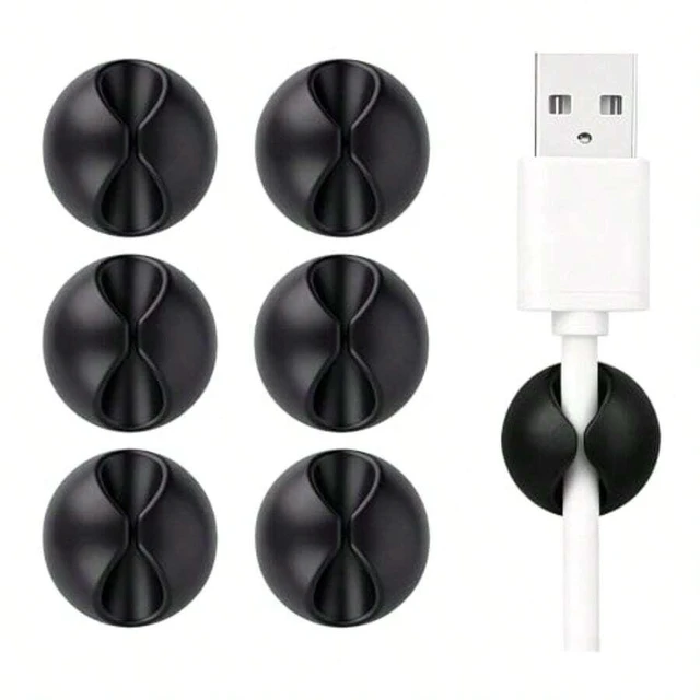 Main image of Bks 6 Pack Cord Cable Organizer Clips Black Durable Plastic Anti-Slip Holder For Desk Nightstand Phone Charger Wire Management