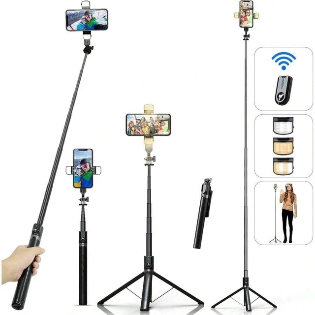 Alt view image 2 of 7 - Bks Selfie Stick Phone Tripod With Remote And LED Fill Lights - 70 Inch Heigh Cell Phone Holder For Travel, Vlogging, Live Streaming Video And Photos, Phone Stand Compatible With IPhone And Android