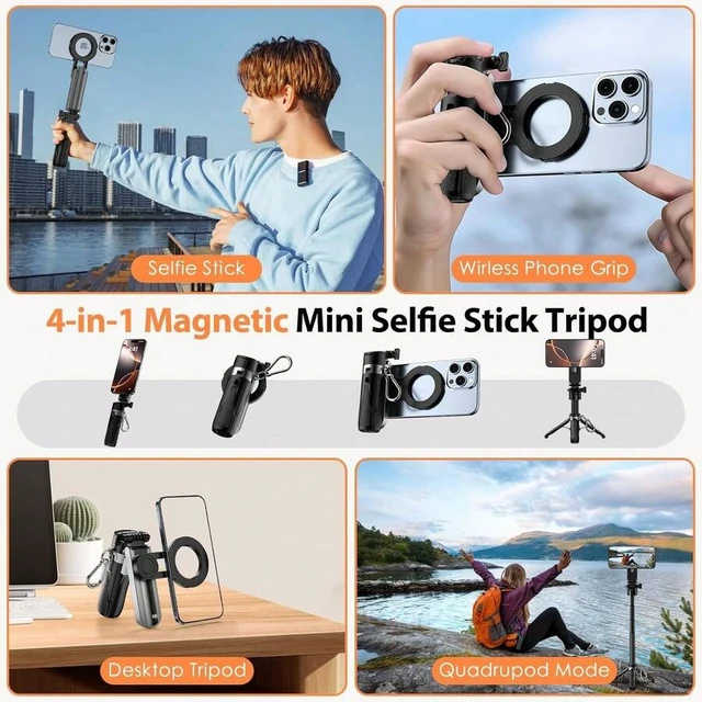 Alt view image 2 of 7 - Bks 4-In-1 Magnetic Phone Tripod, Mini Selfie Stick With 360° Rotation, Bluetooth Remote Control, Portable Pocket Tripod For IPhone, Android, Vlog, Live Stream, Travel