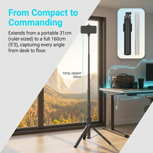 Main image of Bks 160cm Professional Selfie Stick Tripod - Heavy Duty Extendable Pole With Bluetooth Remote, 360 Rotatable Phone Mount, Portable Camera Stand For Content Creators
