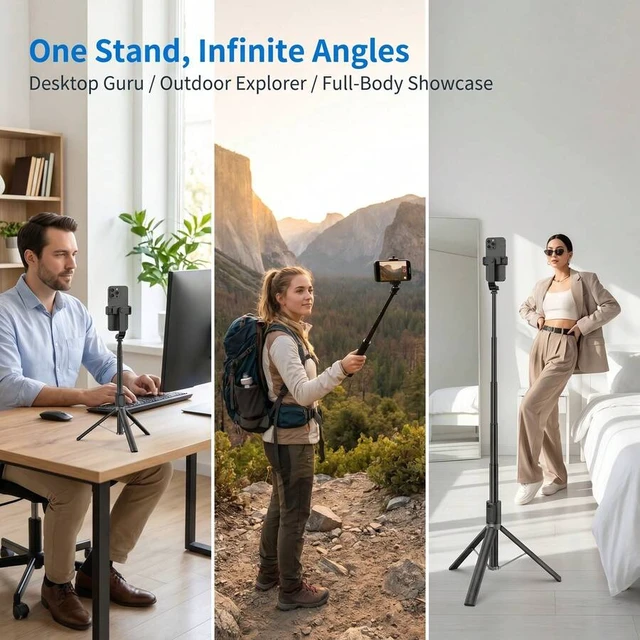 Alt view image 4 of 7 - Bks 160cm Professional Selfie Stick Tripod - Heavy Duty Extendable Pole With Bluetooth Remote, 360 Rotatable Phone Mount, Portable Camera Stand For Content Creators
