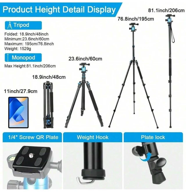 Alt view image 2 of 6 - Bks 55-Inch Heavy Duty Aluminum Camera Tripod With Handbag And Phone Stand - Compatible With Monocular Camera, Phone, Projector, Ring Light For Easy Storage And Carrying (Red) For Iphone Android Phone