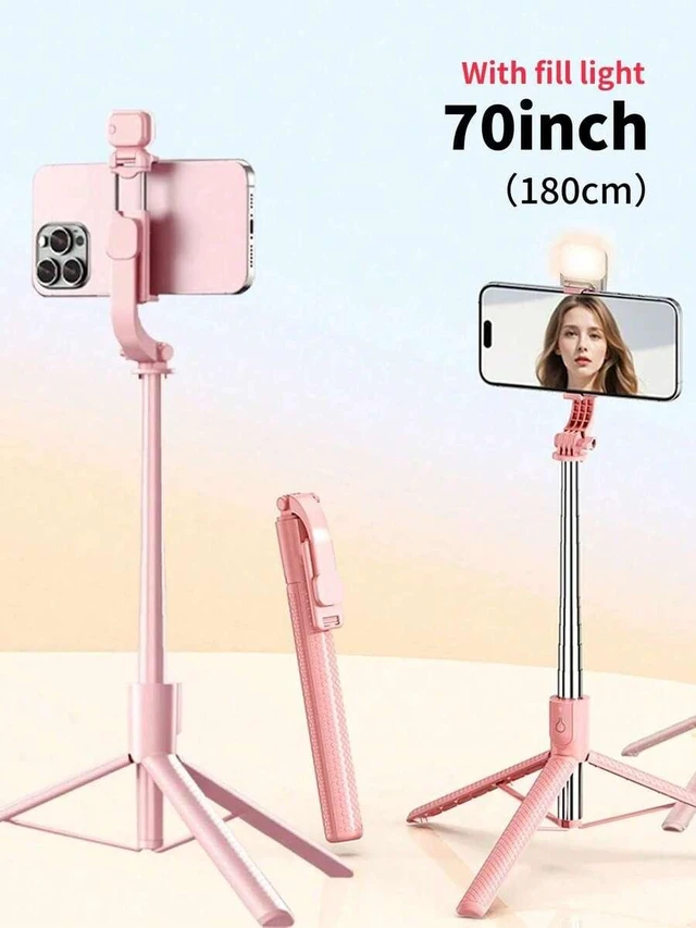 Main image of Bks Pink Extendable Selfie Stick Tripod With Wireless Remote & Fill Light Compatible With iPhone Android Smartphone For Travel Vlog Video