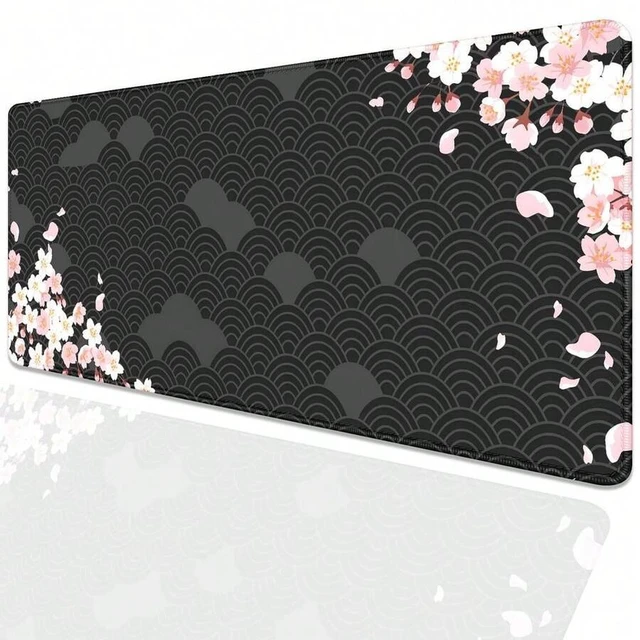 Alt view image 2 of 6 - Bks Black Watercolor Cherry Blossom Desk Pad Mouse Mat, Large Gaming Mouse Pad With Stitched Edges, Non-Slip Rubber Base For Office Home