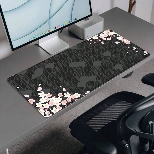 Alt view image 3 of 6 - Bks Black Watercolor Cherry Blossom Desk Pad Mouse Mat, Large Gaming Mouse Pad With Stitched Edges, Non-Slip Rubber Base For Office Home