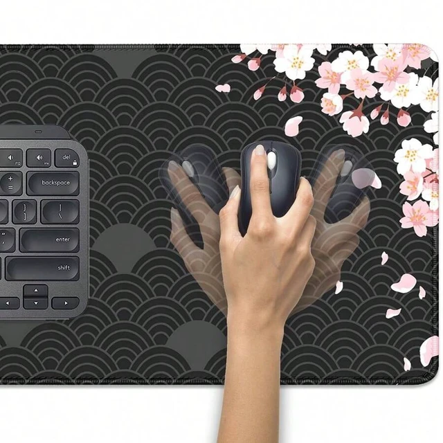 Alt view image 4 of 6 - Bks Black Watercolor Cherry Blossom Desk Pad Mouse Mat, Large Gaming Mouse Pad With Stitched Edges, Non-Slip Rubber Base For Office Home
