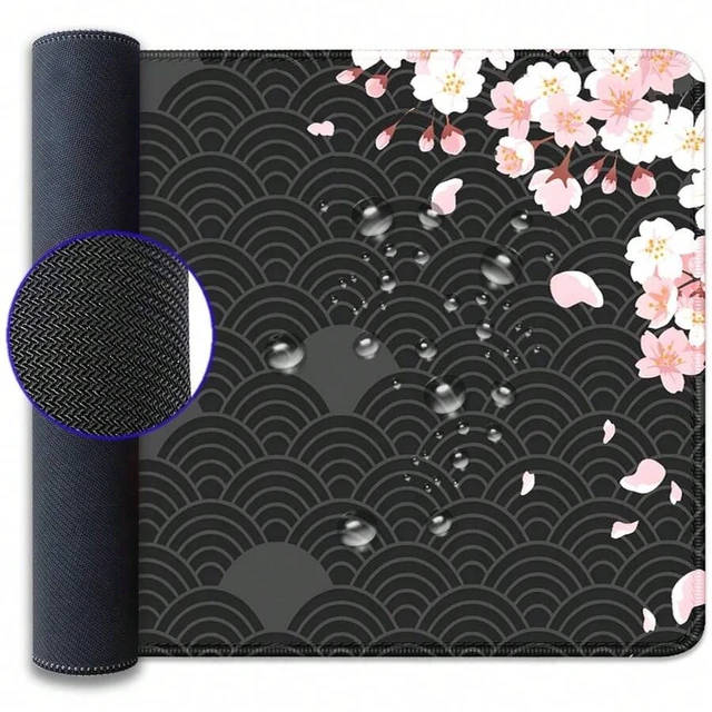 Alt view image 6 of 6 - Bks Black Watercolor Cherry Blossom Desk Pad Mouse Mat, Large Gaming Mouse Pad With Stitched Edges, Non-Slip Rubber Base For Office Home