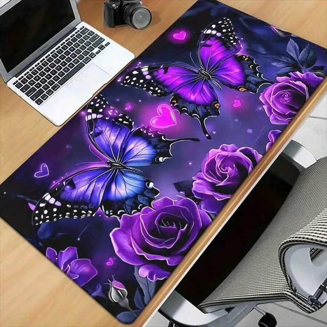Alt view image 3 of 7 - Bks XL Waterproof Mouse Pad with Purple Butterfly Floral Design, Durable Rubber Gaming Desk Mat for Office and Study Setup
