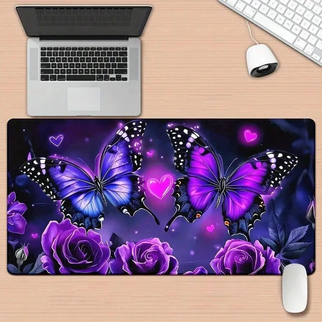 Alt view image 4 of 7 - Bks XL Waterproof Mouse Pad with Purple Butterfly Floral Design, Durable Rubber Gaming Desk Mat for Office and Study Setup