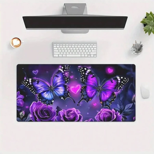 Alt view image 6 of 7 - Bks XL Waterproof Mouse Pad with Purple Butterfly Floral Design, Durable Rubber Gaming Desk Mat for Office and Study Setup