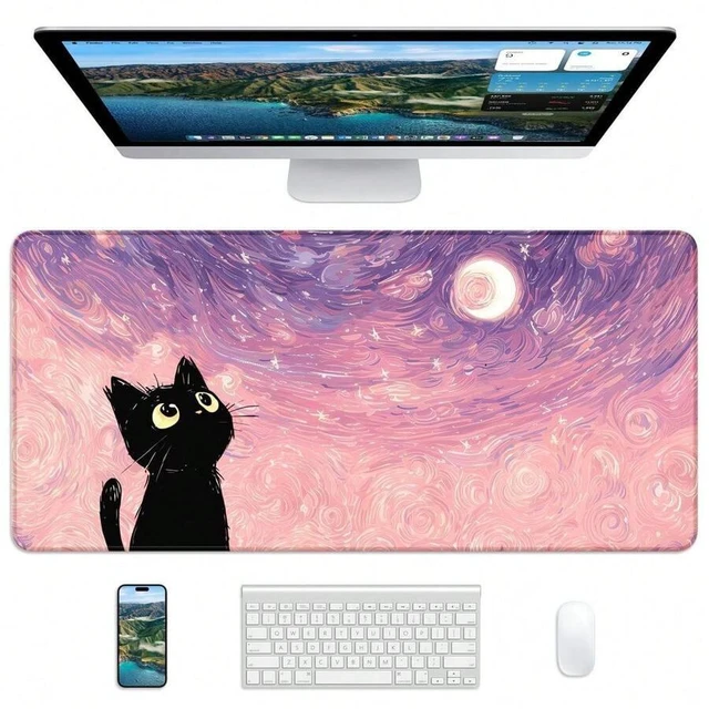 Main image of Bks XL Gaming Mouse Pad Large Desk Mat With Anti-Slip Rubber Base Stitched Edges For Office Home - Van Gogh Cat