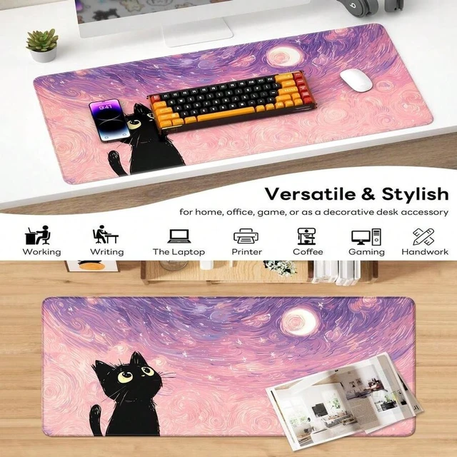 Alt view image 5 of 6 - Bks XL Gaming Mouse Pad Large Desk Mat With Anti-Slip Rubber Base Stitched Edges For Office Home - Van Gogh Cat