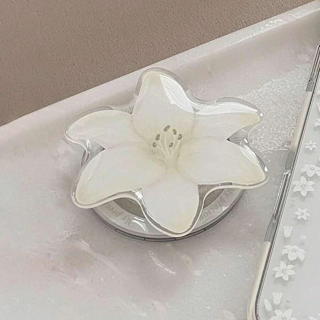 Main image of Bks White Lily Flower Magnetic Phone Case Stand, Expandable Portable Minimalist Phone Holder Bracket Compatible With IPhone Android