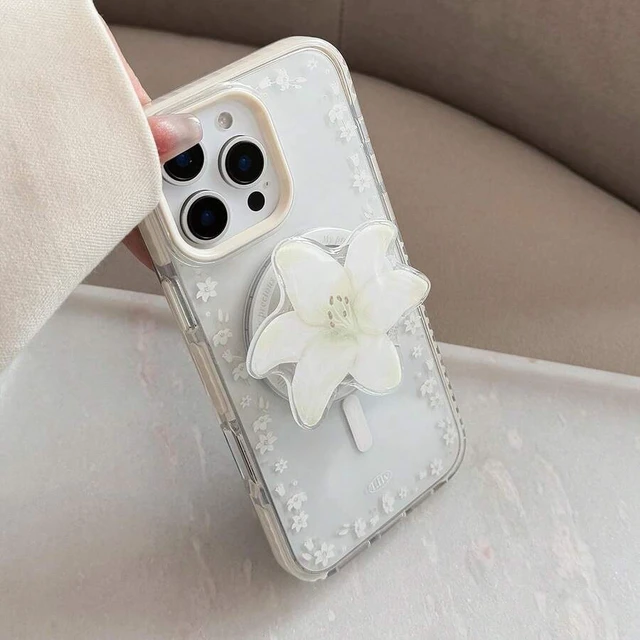 Alt view image 5 of 6 - Bks White Lily Flower Magnetic Phone Case Stand, Expandable Portable Minimalist Phone Holder Bracket Compatible With IPhone Android