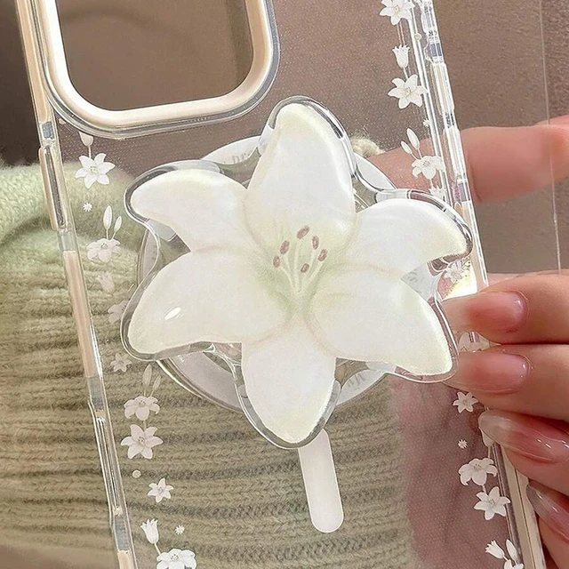 Alt view image 4 of 6 - Bks White Lily Flower Magnetic Phone Case Stand, Expandable Portable Minimalist Phone Holder Bracket Compatible With IPhone Android