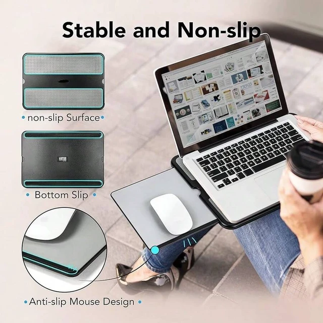 Alt view image 2 of 7 - Bks Laptop Lap Pad with Retractable Tray Anti-Slip Heat Shield Stable Work Surface for Bed Sofa Couch Travel Black Gray
