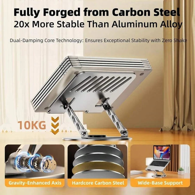 Alt view image 7 of 7 - Bks 360 Rotating Laptop Stand Adjustable Foldable Ergonomic Riser Holder Portable Multi-Functional Dual-Bar Support