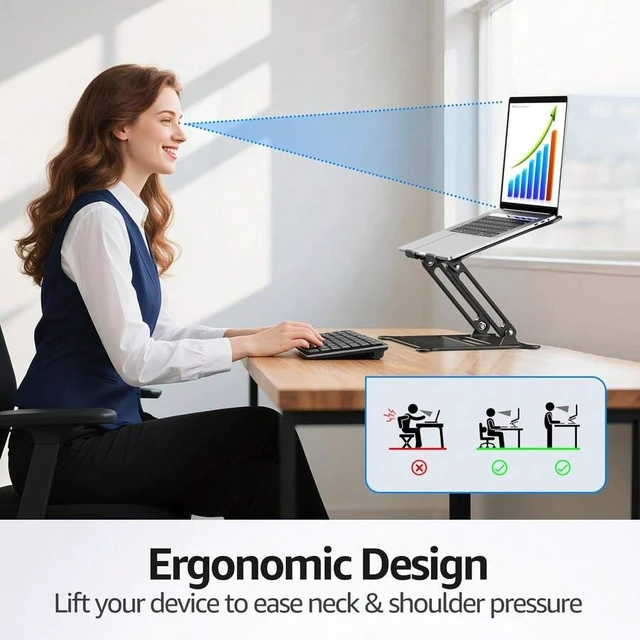 Alt view image 4 of 7 - Bks Adjustable Aluminum Laptop Stand Holder Riser for MacBook Air Pro HP XPS 10-15.6 Inch Portable Ergonomic Cooling Desk Mount Black