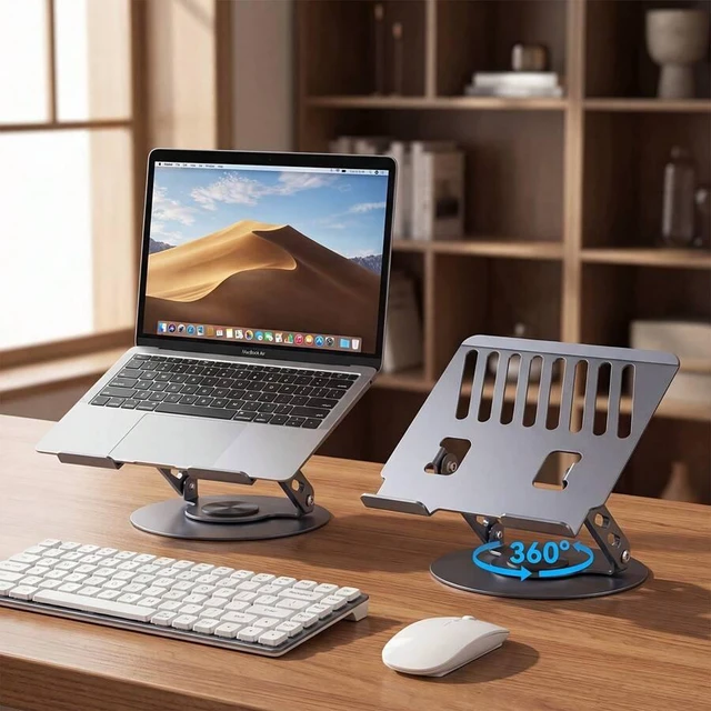 Alt view image 3 of 7 - Bks Adjustable Laptop Stand With 360° Rotating Base, Ergonomic Riser, Foldable Portable Desktop Holder For Office Fits Most Laptops