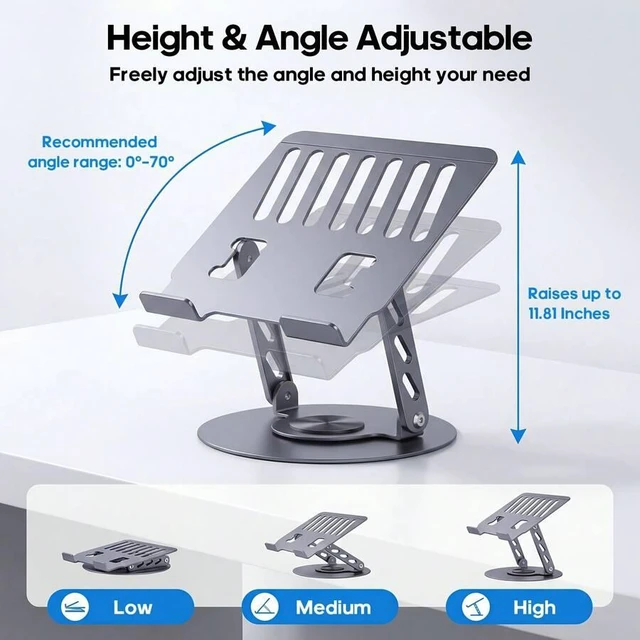 Alt view image 7 of 7 - Bks Adjustable Laptop Stand With 360° Rotating Base, Ergonomic Riser, Foldable Portable Desktop Holder For Office Fits Most Laptops