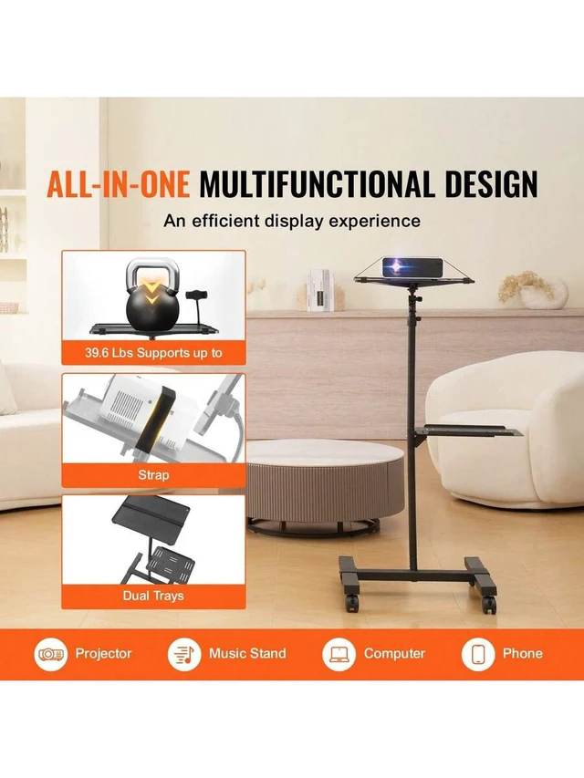Alt view image 2 of 7 - Bks Projector Stand With Wheels, Adjustable Height Tripod Mount, Laptop Tray Gooseneck Holder, 22.8 to 57.3 In, Black