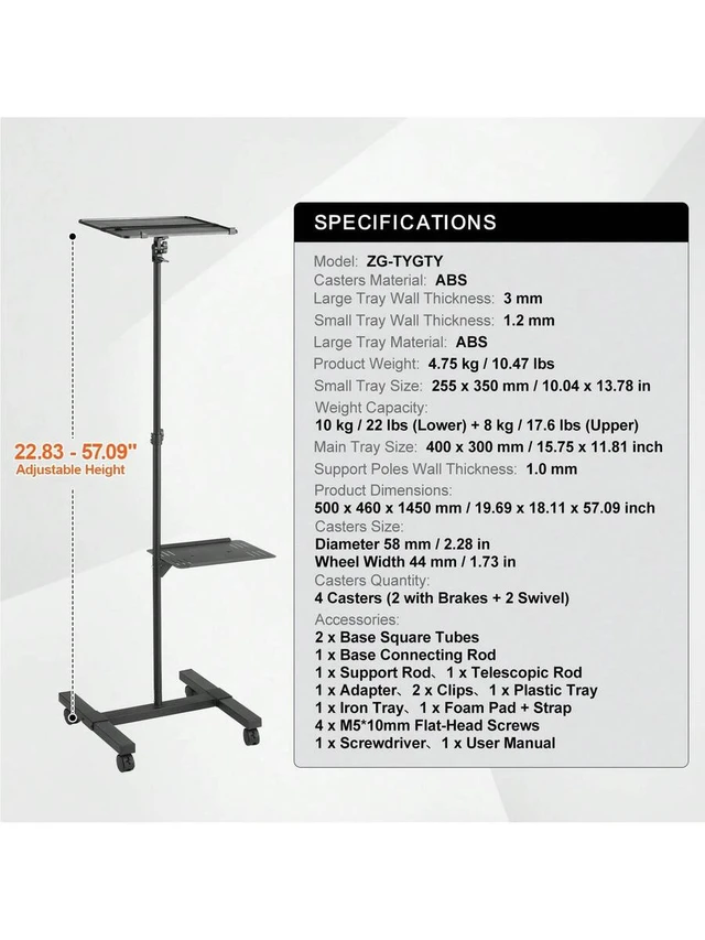 Alt view image 7 of 7 - Bks Projector Stand With Wheels, Adjustable Height Tripod Mount, Laptop Tray Gooseneck Holder, 22.8 to 57.3 In, Black
