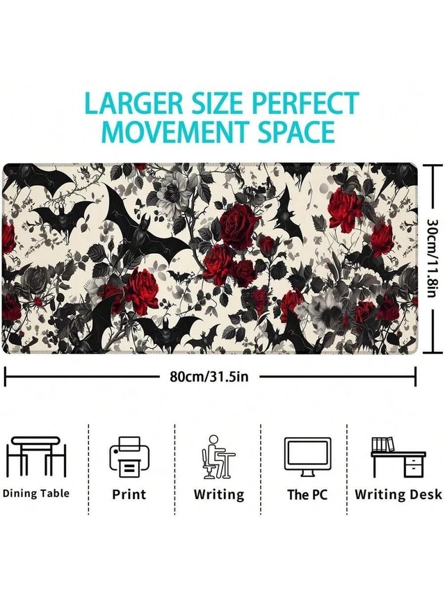 Alt view image 3 of 6 - Bks Large Floral Bat Mouse Pad 80x30cm Non-Slip Rubber Base Gaming Desk Mat for Office Keyboard Home Decor