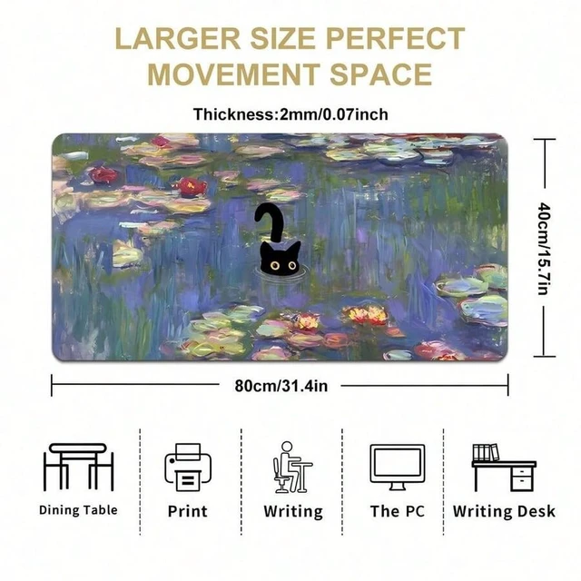 Alt view image 4 of 5 - Bks 80x30cm Large Gaming Mouse Pad Black Cat Water Design Anti-Slip Rubber Base Office Desk Mat