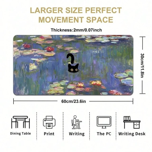 Alt view image 3 of 5 - Bks 80x30cm Large Gaming Mouse Pad Black Cat Water Design Anti-Slip Rubber Base Office Desk Mat