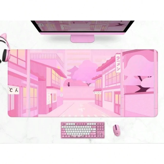 Main image of Bks Extra Large Desk Mat Kawaii Anime, Lilac Pink Tokyo Street Style, XL Gaming Mousepad Cute