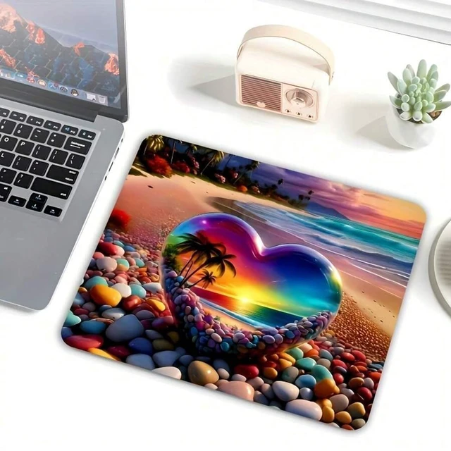 Main image of Bks Square Non-Slip Rubber Gaming Mouse Pad with Seaside Sunset Palm Tree Heart Stone Design Smooth Gliding Surface for Office Laptop Desktop