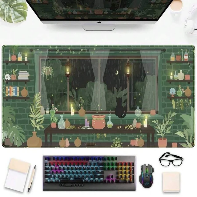 Main image of Bks Large Green Plants Anime Cat Kawaii Desk Mat, Moonlight Fireflies Aesthetic Mousepad XXL for Laptop Keyboard