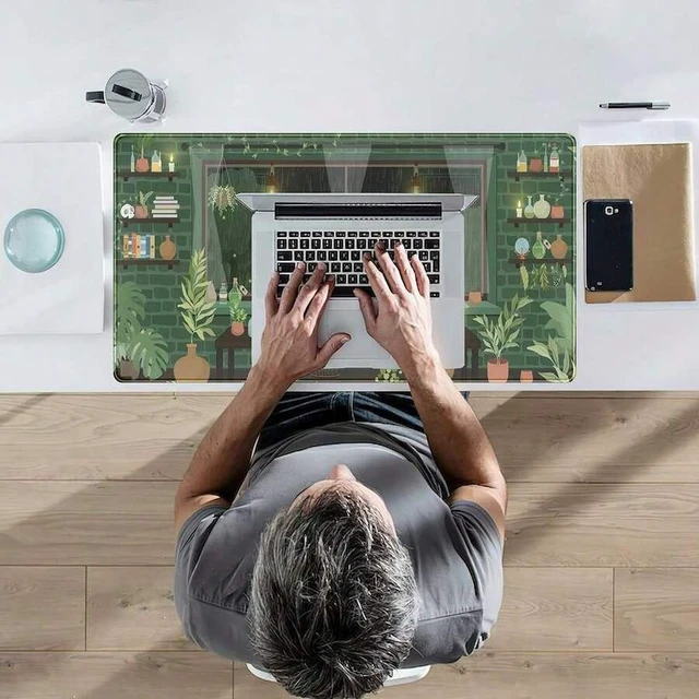 Alt view image 2 of 5 - Bks Large Green Plants Anime Cat Kawaii Desk Mat, Moonlight Fireflies Aesthetic Mousepad XXL for Laptop Keyboard