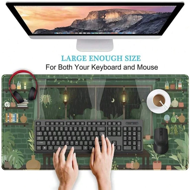 Alt view image 3 of 5 - Bks Large Green Plants Anime Cat Kawaii Desk Mat, Moonlight Fireflies Aesthetic Mousepad XXL for Laptop Keyboard