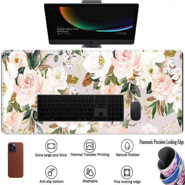 Alt view image 2 of 5 - Bks Pink Floral Mouse Pad Large Gaming Desk Mat Green Leaves Stitched Edge XL Computer Keyboard Pad For Home Office Decor