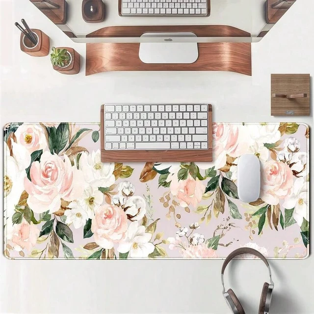 Alt view image 3 of 5 - Bks Pink Floral Mouse Pad Large Gaming Desk Mat Green Leaves Stitched Edge XL Computer Keyboard Pad For Home Office Decor