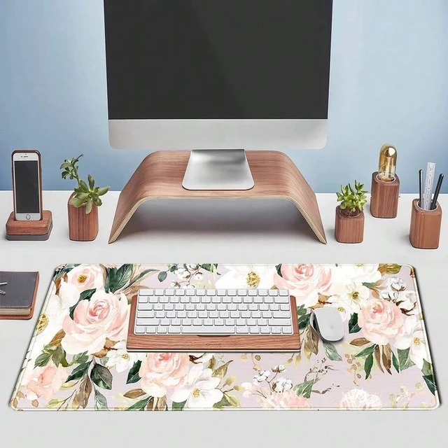 Alt view image 4 of 5 - Bks Pink Floral Mouse Pad Large Gaming Desk Mat Green Leaves Stitched Edge XL Computer Keyboard Pad For Home Office Decor